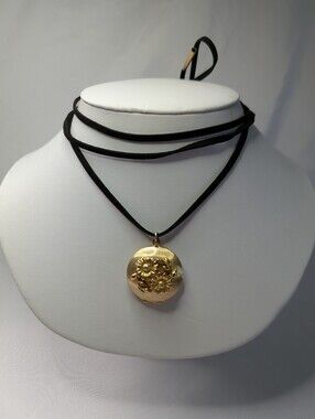 Gold Floral Locket Pendant Necklace with Black Suede Cord